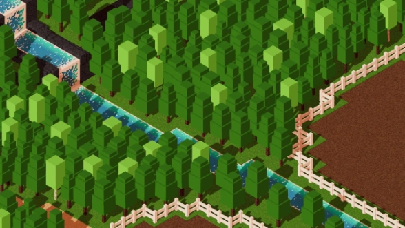 Blocky waterfall in Voxel Garden with a forest